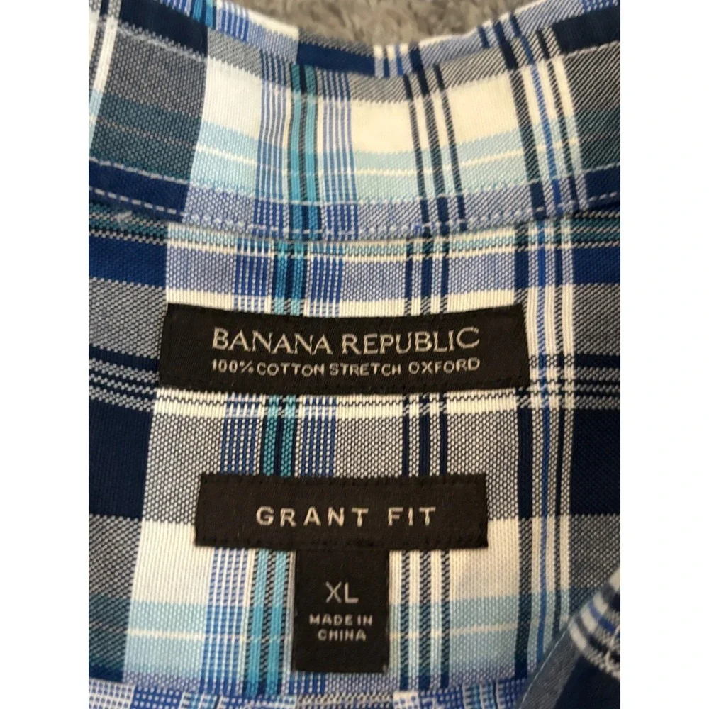 Banana Republic Mens XL Blue Plaid Stretch Oxford Grant Fit Long Sleeve Shirt